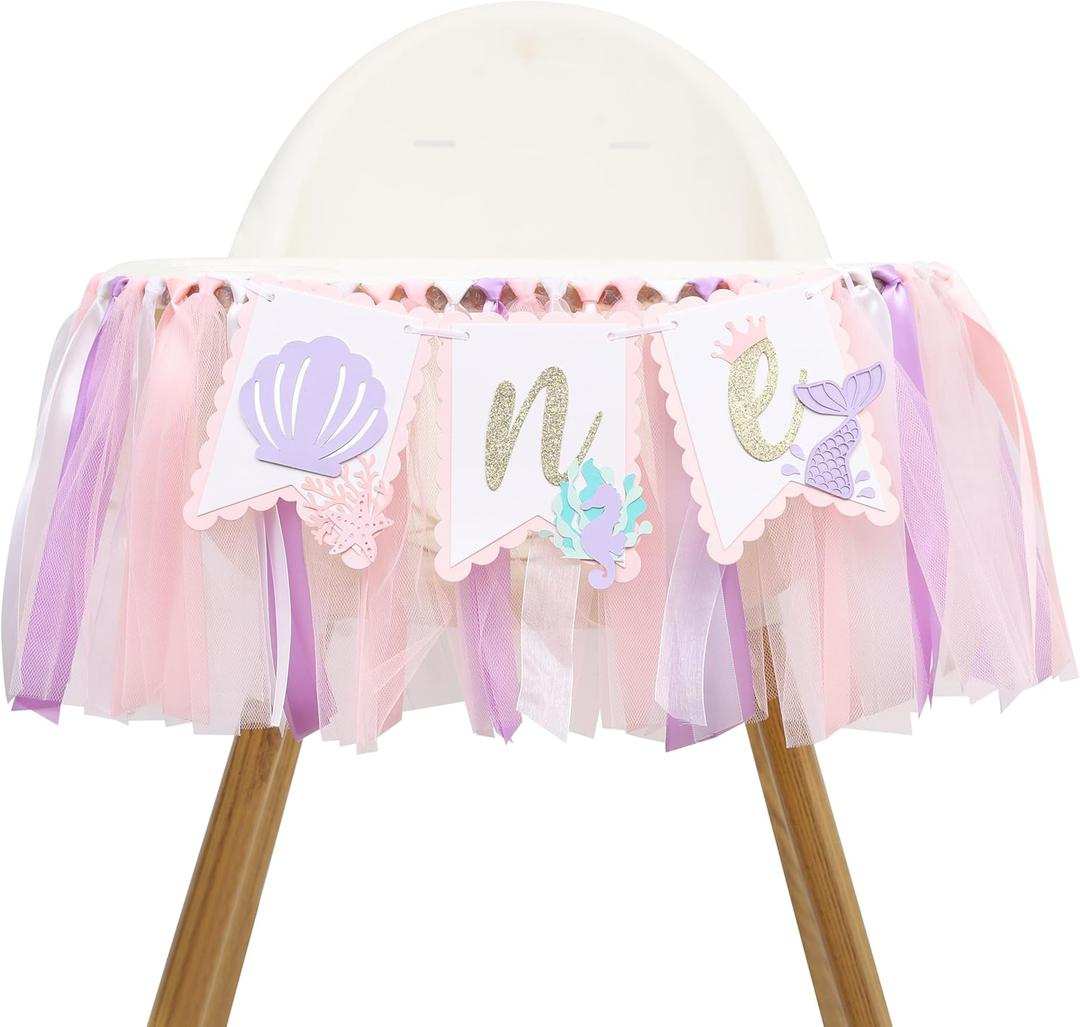 Mermaid 1st Birthday High Chair Banner - Under the Sea First Birthday Party Decoration, Mermaid Theme One Party Banner, Cake Smash Photo Props for Girl