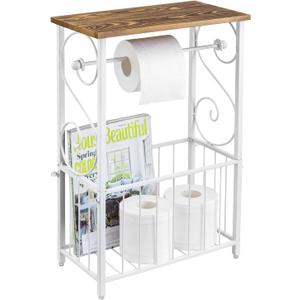 MyGift Toilet Paper Holder Stand with Shelf, Bathroom Table Stand Storage with Magazine Holder Basket, Scrollwork Design, White Metal
