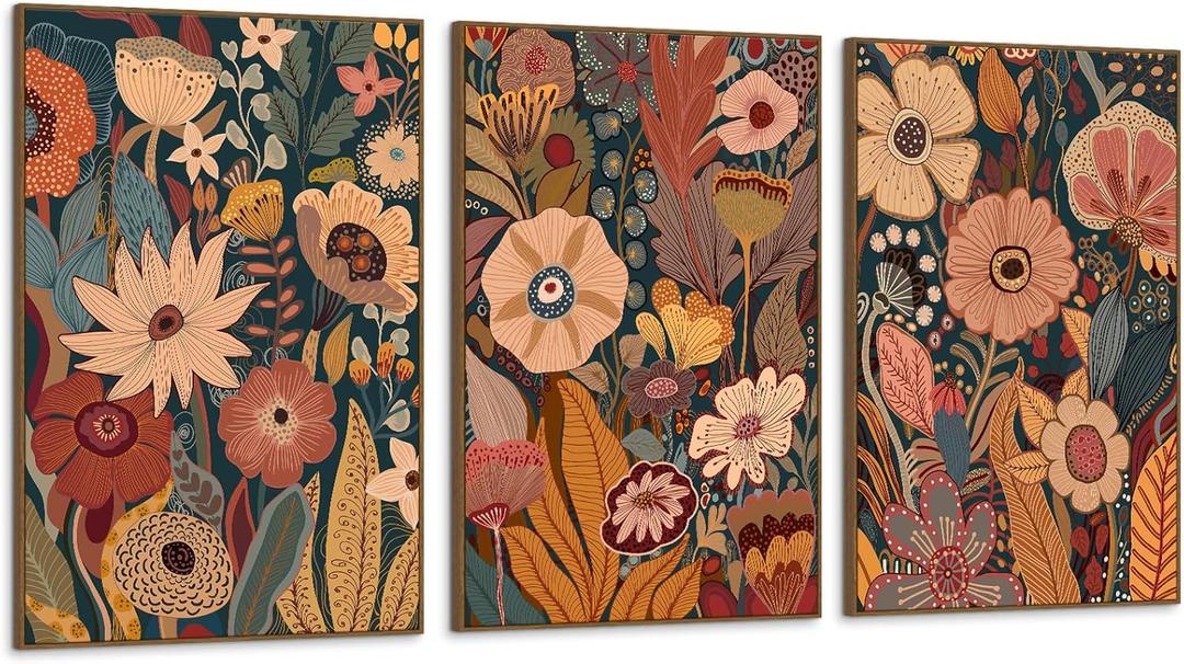 Burnt Orange Boho Floral Framed Canvas Wall Art, 3 Pieces Mid Century Vintage Botanical Wall Decor, Wildflower Artwork Neutral Plant Art Prints for Living Room Bedroom Hallway Office, 16x24In