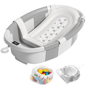 Collapsible Baby Bathtub with Soft Cushion and Thermometer, Newborn to Toddler Tub 0-36 Months with Toy Storage Mesh Bag, Portable Travel Bath for Infants (Grey)