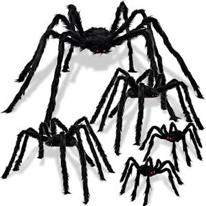 5 Packs Halloween Outdoor Decorations Giant Spiders Set, Halloween Decor Outside, Black Hairy Large Spider with Different Size for Lawn, Yard Decor