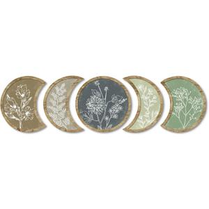Putuo Decor Moon Phase Botanical Wall Art Set of 5, Crescent Wood Floral Panels for Bedroom Nursery Meditation Room