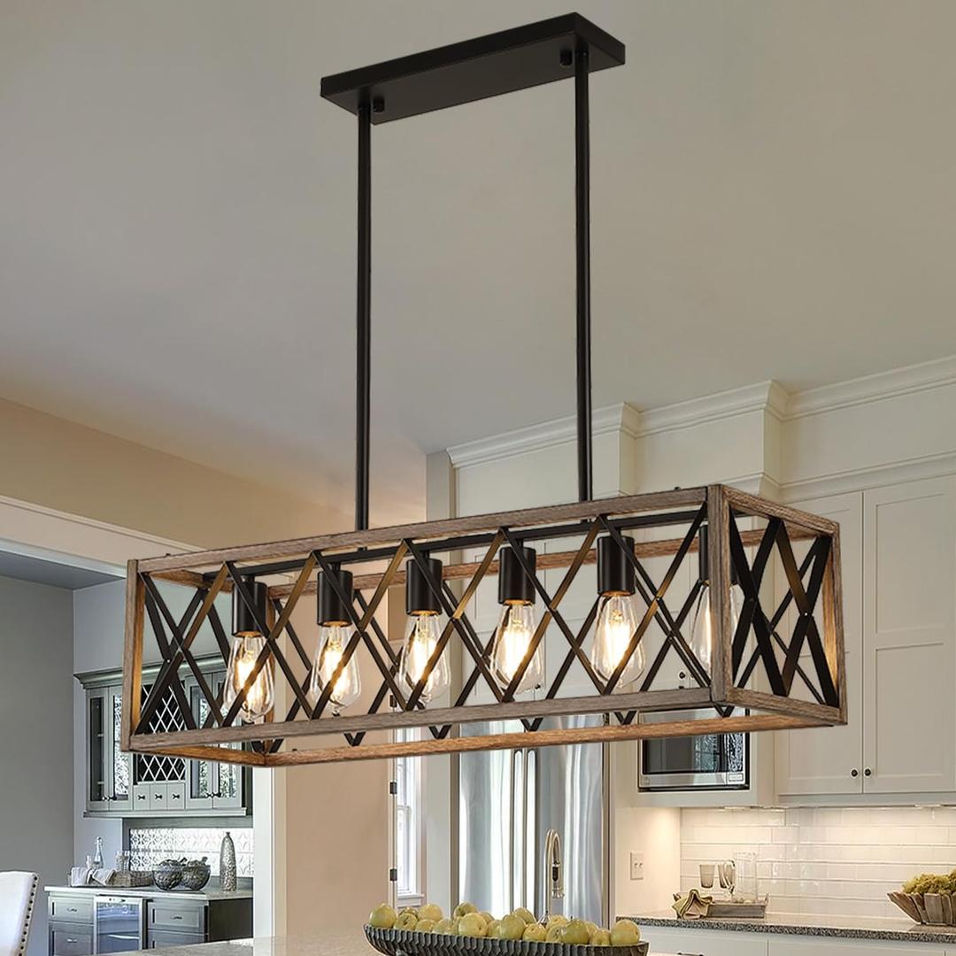 Farmhouse Dining Room Light Fixtures,Rustic Vintage Antique Linear Chandeliers for Dining Room,Kitchen Island,Bar,Office Coffee Shop,Oak White and black Adjustable Hanging Pendant Light 6-Lights