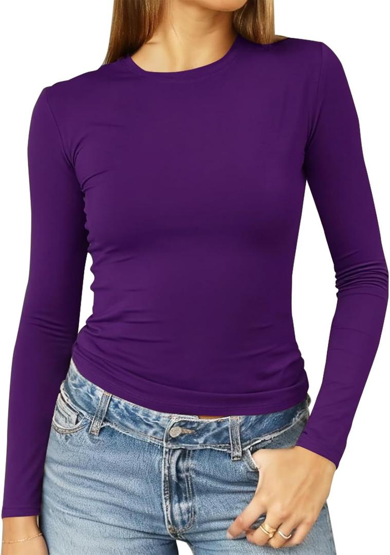 Abardsion Women's Long Sleeve Shirts Spring 2026 Casual Basic Going Out Crop Tops Slim Fit Tight Y2K Clothes (Large, 2# Dark Purple)