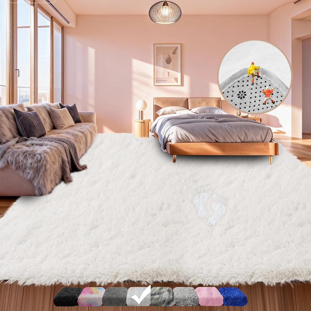 Large Shag Area Rugs 6x9 White, Plush Fuzzy Shaggy Rug for Living Room, Ultra Soft Fluffy Furry Rugs for Bedroom, Upgrade Non-Slip Indoor Thick Carpet Nursery Rugs for Kids Girls Boys Room Home Decor