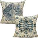 VAKADO Outdoor Boho 18x18 Set of 2 Blue Throw Pillow Covers Spring Decorative Farmhouse Bohemian Carpet Vintage Gray Cases Home Decor for Living Room Bedroom Bed Cushion Cases