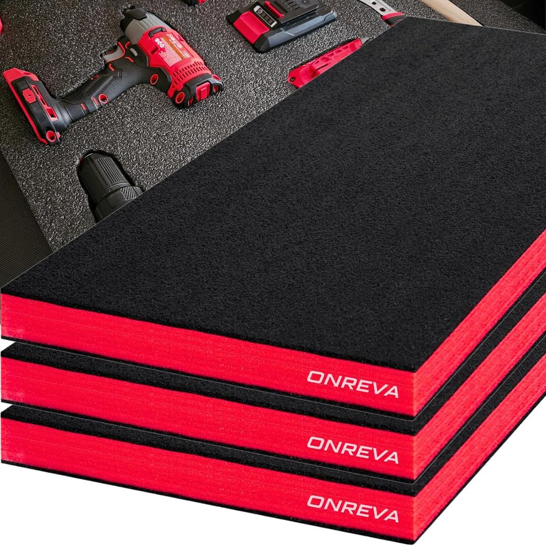 ONREVA Tool Box Foam 20x16x2 inch 3Pack, Foam Inserts for Cases, Polyethylene Storage Sheets for Toolbox Hard Case, Tool Shadow Insert, Kaizen Organizer Sheet, Black with Red
