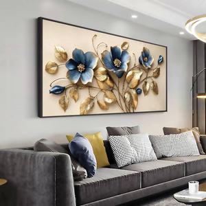 Solid wood Framed blue 3D Flowers Wall Art for Bedroom Home Decor Artwork for Wall Blue Abstract Background Golden leaf Wall Decor Canvas Print Office Living Room Decor Ready to Hang 20x40inch (40L" x 20W")