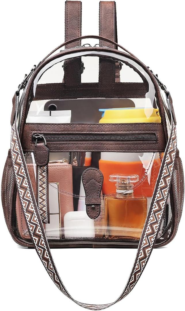 FADEON Clear Small Backpack Purse for Women, Designer Transparent Shoulder Handbag, PVC Mini Clear Bag for Stadium Approved