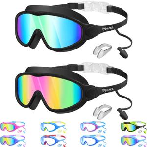 Vvinca Swim Goggles, Kids Goggles with Earplugs& Nose Clip Wide View Anti-Fog/UV Swimming Goggles for Age 3-15 Boys Girls (01-black)