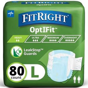 FitRight Adult Diapers, Extra+ Heavy Absorbency, L (Waist Size 44in-56in), 80 Count, OptiFit Incontinence Briefs for Men and Women, Disposable, Moisture-Wicking, Leak Protection.