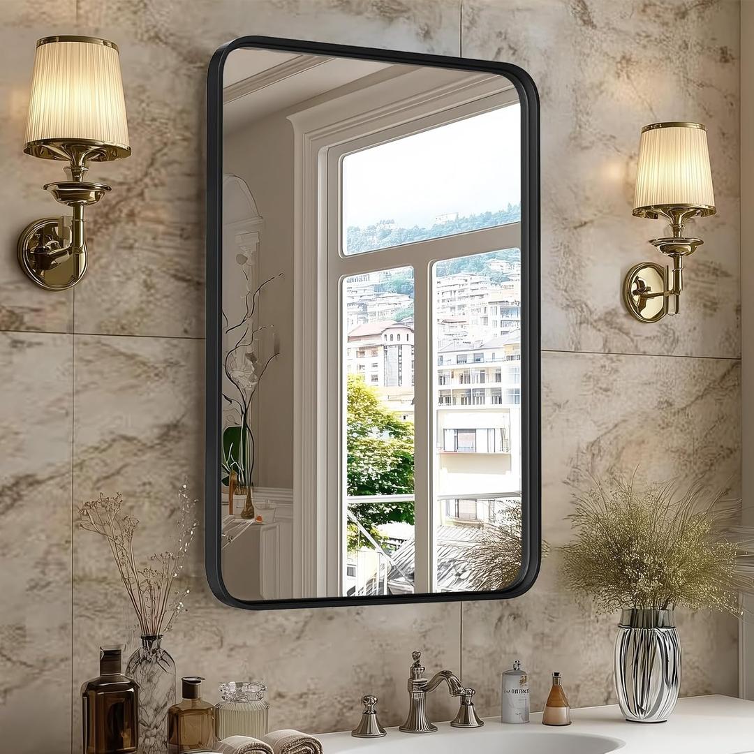 Sweetcrispy Bathroom Mirror 30x22 Inch Black Metal Framed Rounded Rectangle Vanity Mirror for Wall, Over Sink, Farmhouse, Restroom, Anti-Rust, Modern Decorative, Horizontal or Vertical Hanging