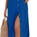 Zeagoo Womens Dresses Casual Summer Short Sleeve Button Down Long Shirt Dresses Swimsuit Beach Cover Ups with Pockets, Blue, Small