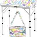 Folding Camping Table 2ft Portable Picnic Table Adjustable Height, Small Lightweight Aluminum Foldable Card Table,Hands-Free Carry for Outdoor Camp BBQ Beach (Blooming Floral with Shoulder Strap)