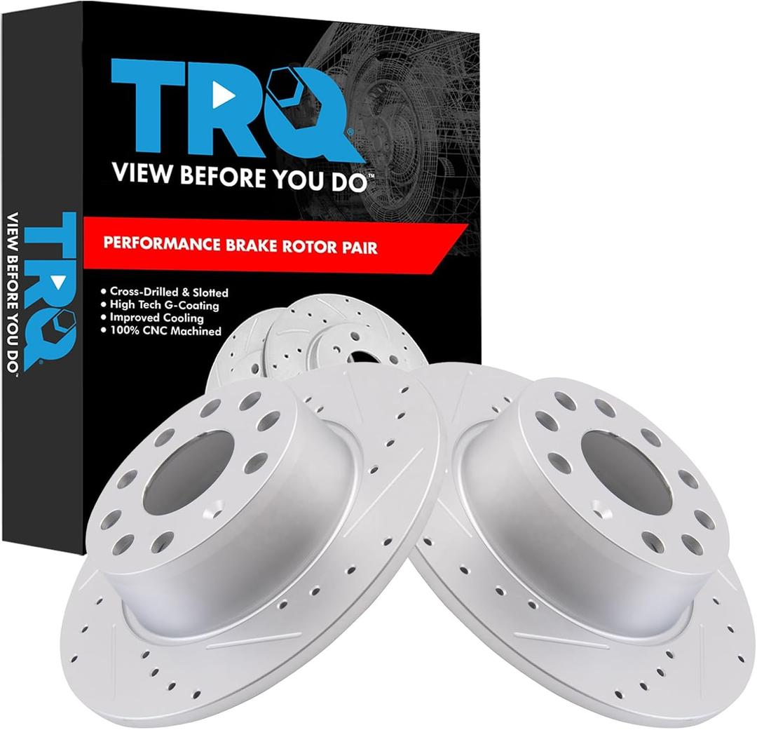 TRQ Rear Brake Rotor Set G Coated Slotted Drilled Solid Compatible with 2019-2024 Volkswagen Jetta 2022-2023 Taos