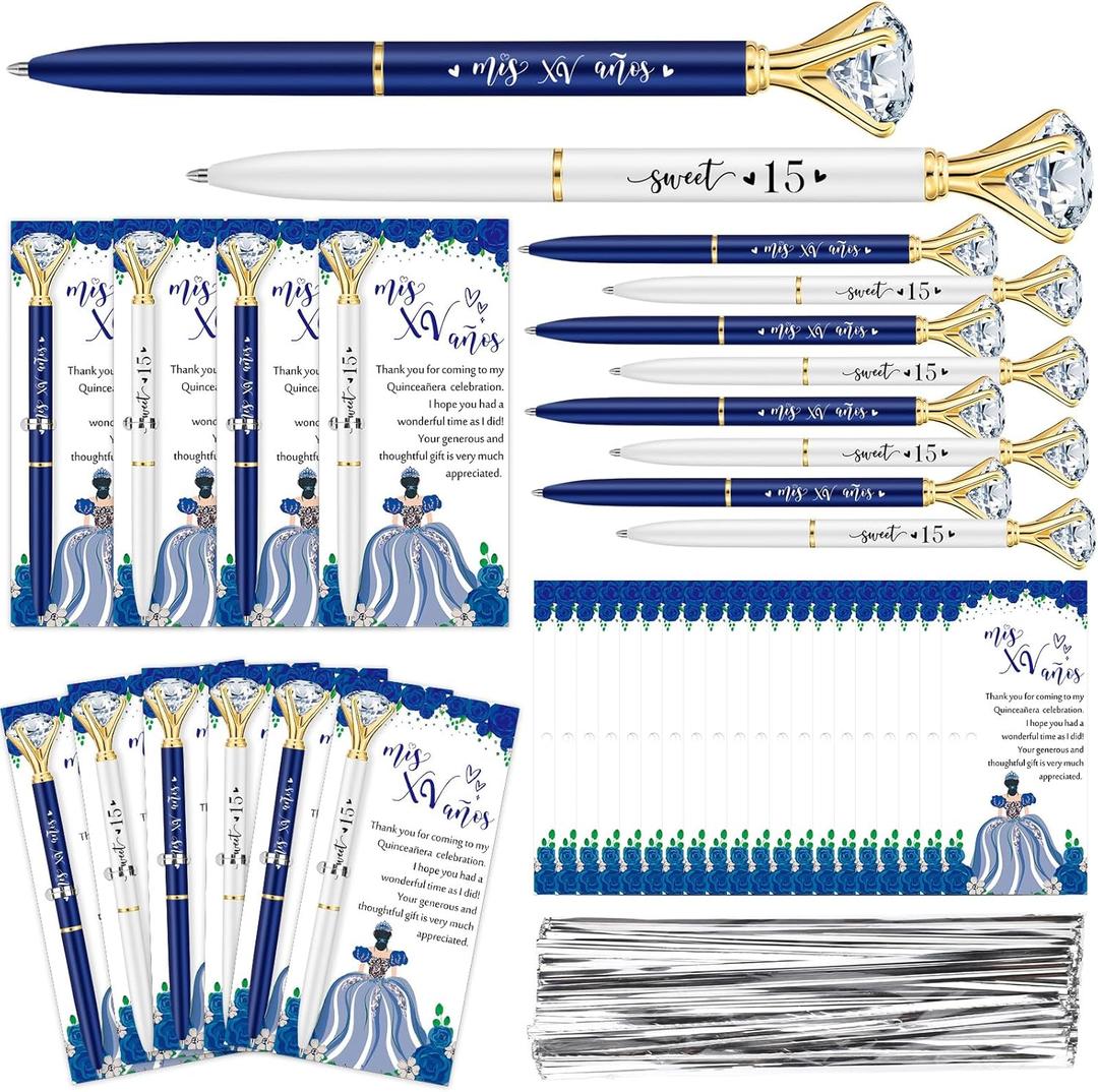 25 Set Quinceanera Party Favors for Guest Sweet 15 Diamond Pens Bulk Mis XV Aos Fancy Ballpoint Pen with Thank You Cards and Ties 15th Birthday Thank You Gifts,(White, Dark Blue)