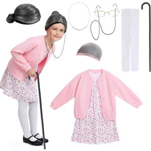 Nihaoya 9 Pcs Old Lady Costume for Kids,100 Days of School Costume for Girls, Granny Grandma Dress Up (8-10Y)