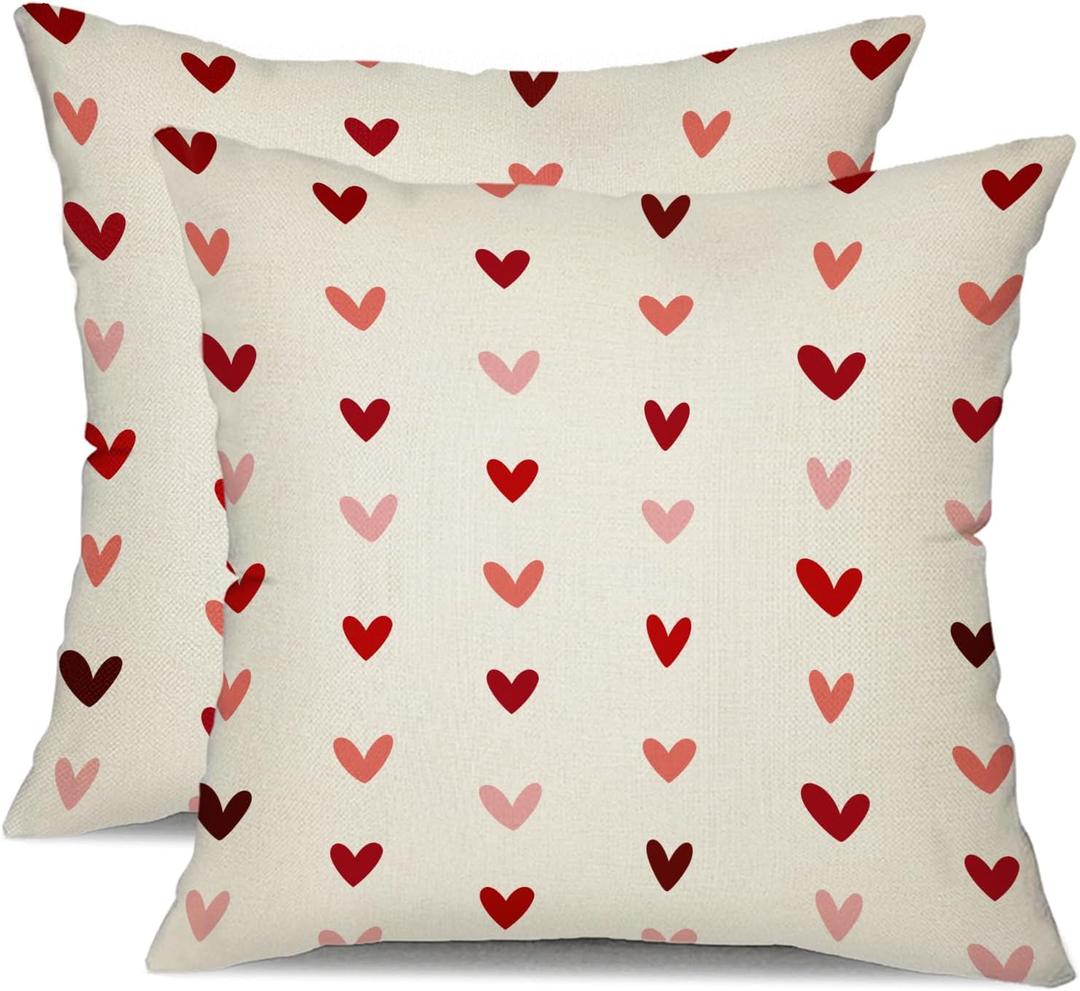 DFXSZ Valentine's Day Pillow Covers 16x16 Inch Set of 2 Small Red Pink Hearts Decor White Throw Pillow Covers Valentine's Day Cushion Case Decoration for Sofa Couch 56B