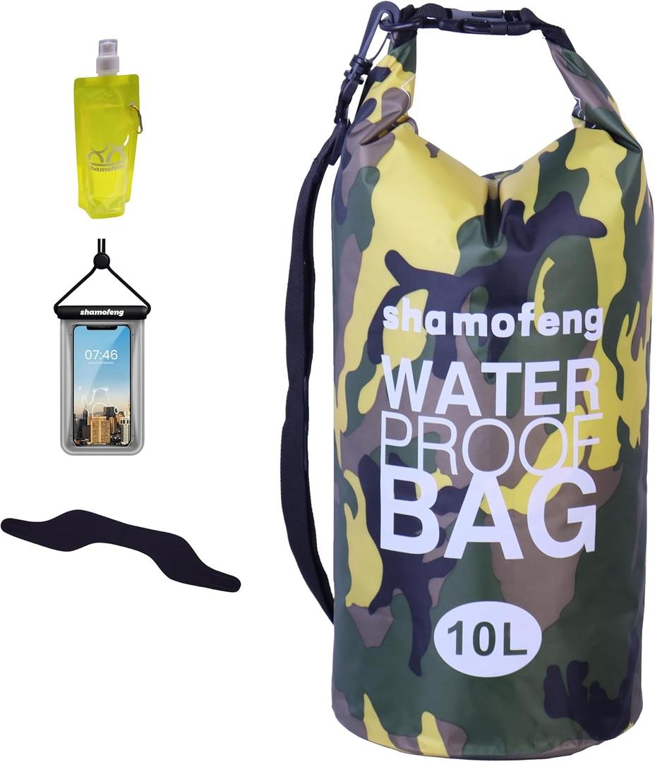 Waterproof Dry Bag Combo 5-30L Roll Top Dry Storage Bag Backpack for Kayaking Boating Beach Camping Travel Fishing, w/Phone Case & Collapsible Water Bottle  & Ear Band,Yellow 10L