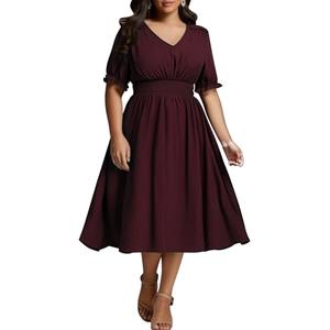 HICISI Women's Plus Size Midi Dress Short Sleeve V Neck Smocked Flowy A-Line Boho Wedding Party Dresses Burgundy, Size 2XL
