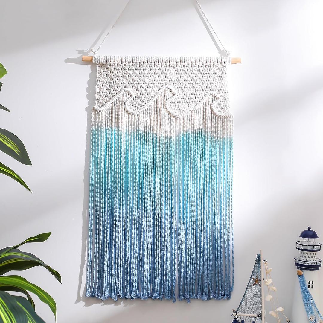 Bucherry Beach Wave Hanging Tassels Decor 16" x 26" Ocean Macrame Wall Hanging Coastal Tapestry Wall Art for Beach Themed Seafaring Living Room Bedroom Home Decoration 