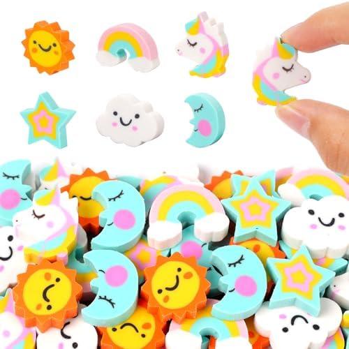 Wolpoark Unicorn Mini Erasers for Kids 48pcs Bulk Rainbow Moon Star Cute Novelty Pencil Erasers for Girls Student Home Ofiice Back to School Supplies Classroom Prizes Party Favors