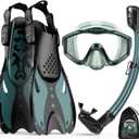 KUYOU Mask Fins Snorkeling Gear for Adults - Wide View Anti-Fog Mask, Full Dry Top Snorkel Gear Set (Large-X-Large, Dark Celadon)