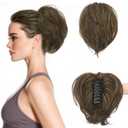 BARSDAR Claw Clip Short Human Hair Ponytail Extension - 8 Inch DIY Styles Claw Clip Real Human Hair Brown Messy Bun Hairpieces for Women - Bendable Metals Short Natural Brown Mix Ponytail Daily
