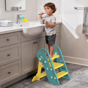 Onasti Folding Step Stool with Adjustable Height, 3-Step Converts to 2-Step, Sturdy Anti Slip Bathroom Step Stool for Toilet, Bathroom Sink, Kitchen Counter, Space Saving Design for Home Use- Green
