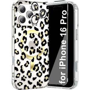 for iPhone 16 Pro Clear MagSafe Case Leopard Cheetah Clear Glitter, Luxury Trendy Magnetic Bumper Case +1 Screen Cover +1 Camera Lens Protector for Women Girl iPhone 16 Pro 6.3"(Gold Leopard)