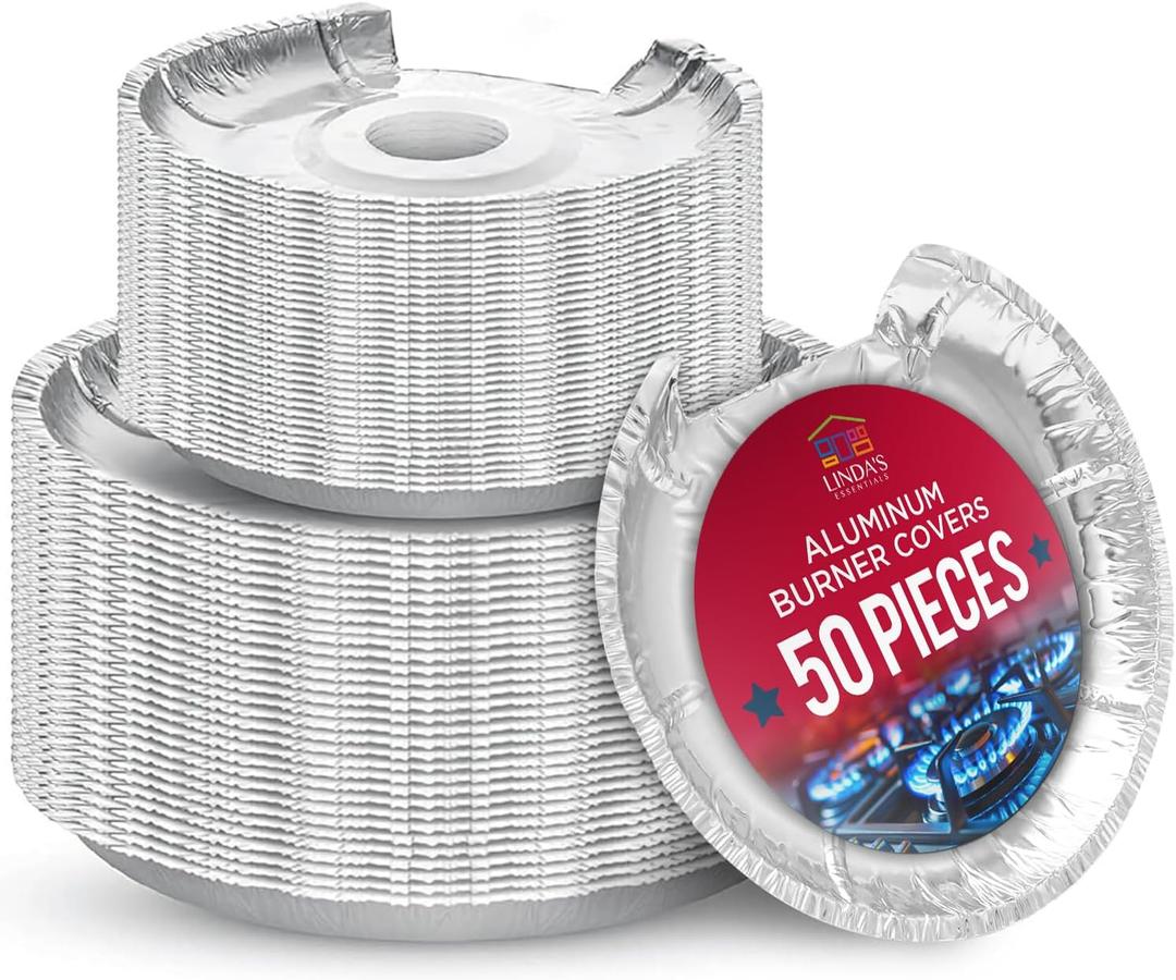 Heavy-Duty Aluminum Electric Stove Burner Covers (50 Pack) - Disposable Round Foil Liners (6 & 8 Inch), Non-Stick Drip Pan Protectors, Stove Top Covers, Great Kitchen Accessory for Easy Cleanup