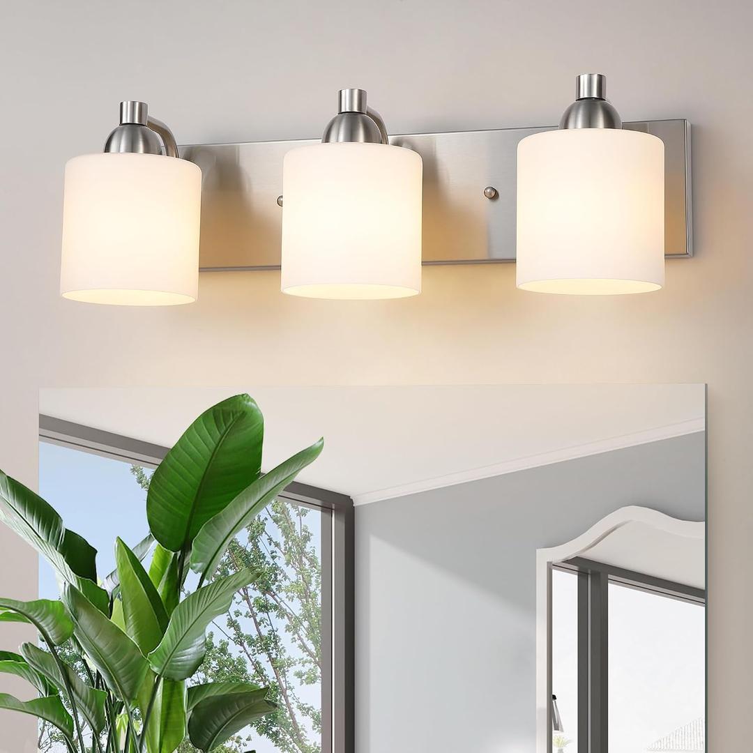 Mecgirn Stainless Steel Milk Glass Bathroom Vanity Light Over Mirror, 3 Light Brushed Nickel Bathroom Light Fixtures with Frosted Glass, Modern Vanity Lighting Wall Mount