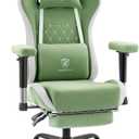 Gaming Chair Breathable Fabric,Computer Office Chair with Footrest,Massage Lumbar Support and Gel Pad,Ergonomic Reclining Gamer Chair with Adjustable Armrests and Spring Cushion Green