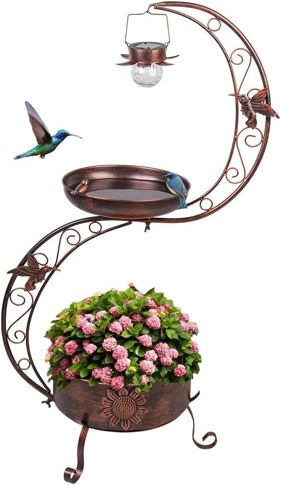 VEWOGARDEN S Bird Baths for Outdoors Metal Standing Bird Bath with Solar Lamp Vintage Garden Birdbaths with Flower Planter Pedestal(36" H * 19.6" W)