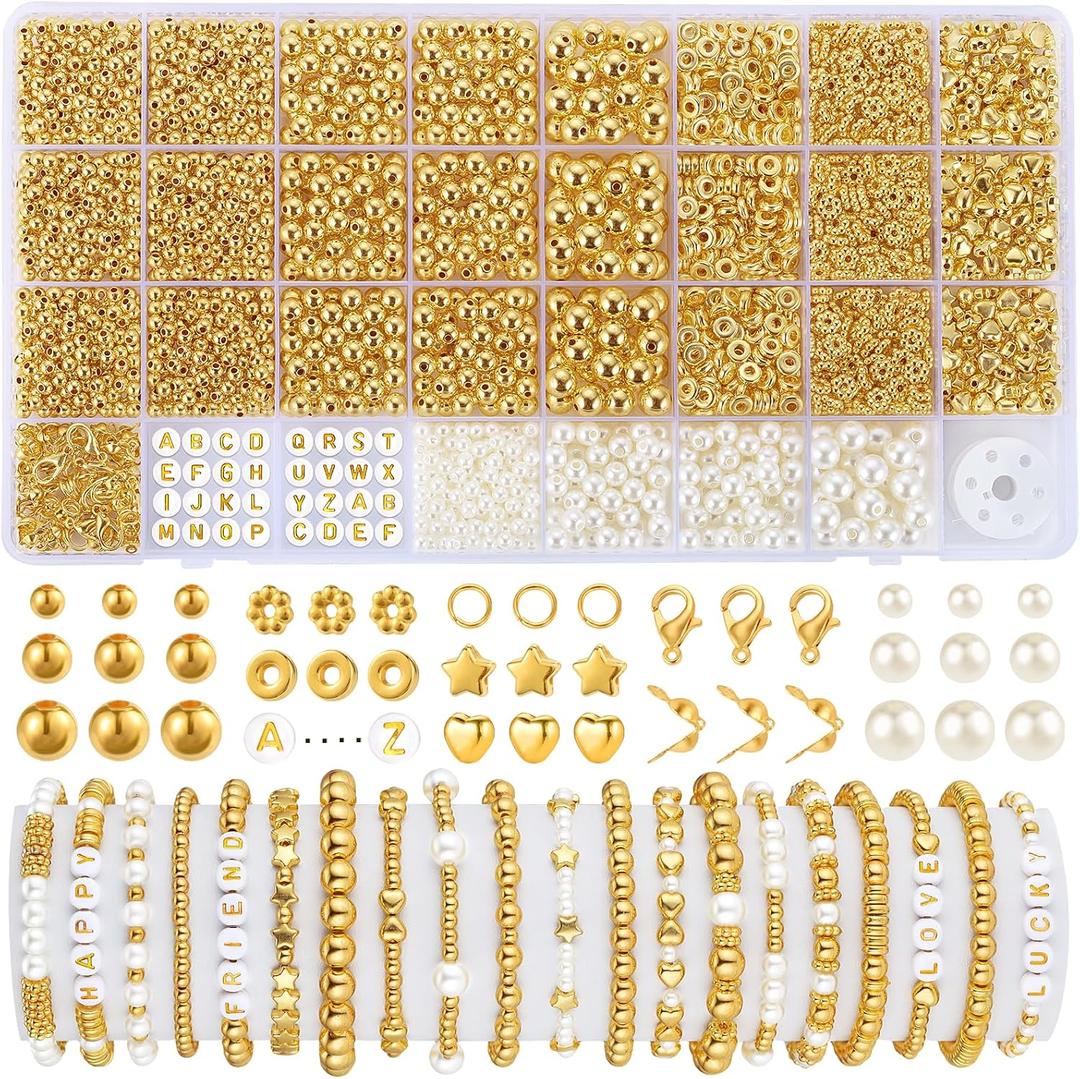 Funtopia Spacer Beads for Jewelry Making, 2500Pcs Gold Round Beads for Bracelets, 4mm 6mm 8mm Spacer Loose Ball Bead Star Pearls Letter Bead for DIY Bracelet Jewelry Making Craft