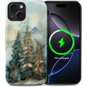 for iPhone 14/13 Case,Compatible with MagSafe,Dual-Layer Hard Shell + Silicone Cover,Full Body Protection Shockproof Case for iPhone 14/13-Stained Glass Pine Trees