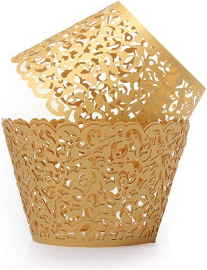 100pcs Cupcake Wrappers Artistic Bake Cake Paper Cups Little Vine Lace Laser Cut Liner Baking Cup Muffin Case Trays for Wedding Party Birthday Decoration (Gold)