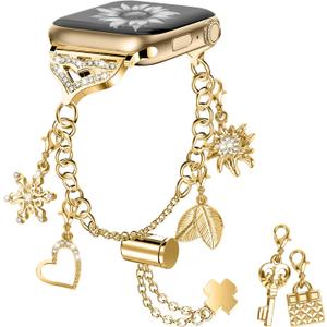 Bling Band Compatible with Apple Watch 40mm 41mm 38mm, Metal Jewelry Watch Strap for Series SE 9 8 7 6 5 4 3 2 1 Interchangeable Charms Dressy Bracelet for Women (Gold)