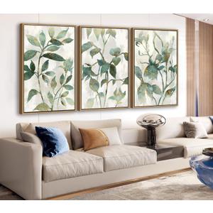 Large Framed Canvas Wall Art - Natural Float Framed Rustic Green Flowers Leaves Pictures Paintings White Grey Artwork Decor for Bedroom Living Room Kitchen Home Office Decoration 48" X 24" Set of 3