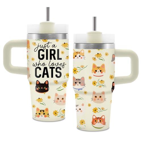 Cat Lover Gifts for Girls Women, 14 Oz Cute Cats Tumbler With Handle for Kids, Insulated Stainless Steel Cat Mug Cup, Just A Girl Who Lovers Cats