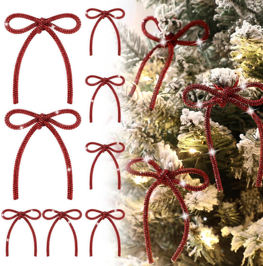 Gerrii 8 Pcs Christmas Bow Ornaments Sparkly Glitter Rhinestones Bow Christmas Tree Ornament Crystal Xmas Party Hanging Pendant Decoration Gift for Family Wedding Home Indoor Outdoor(Red)
