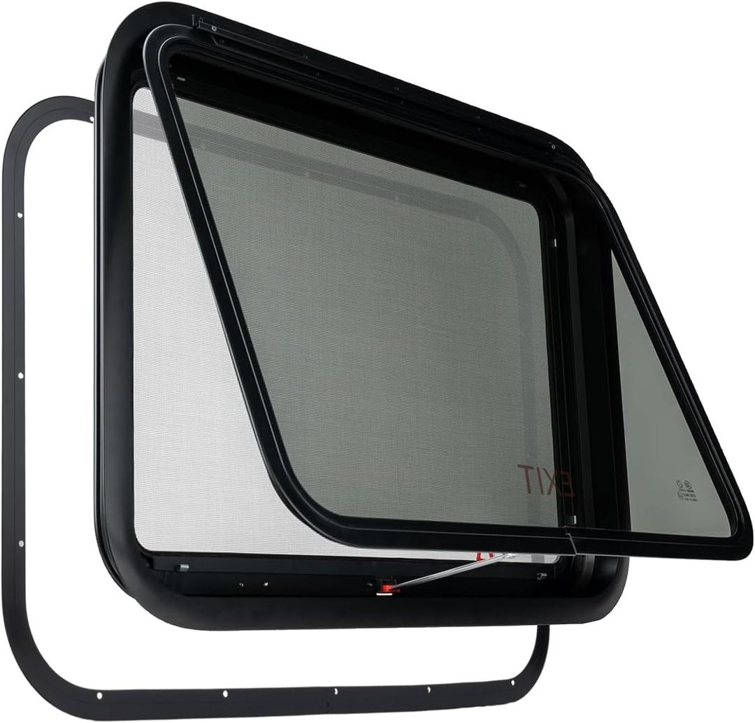 RV Window for Trailer Camper, 30" W x 22" H RV Exit Window with Net Screen and Trim Ring RV Window for Cargo Trailer Camper for 1-1/2" to 1-4/5" Thick Walls, DOT Approved