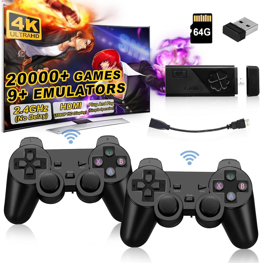 Wireless Retro Game Console Stick, Upgrade Retro Video Gaming Stick Built in 20000+ Games with 9 Emulators,4K HDMI Output with 2 Pack 2.4G Wireless ControllersGame Emulator Console 202464GB Black