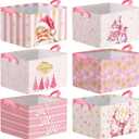 Roshtia 6 Pcs Pink Christmas Basket for Gifts Empty Collapsible Christmas Storage Bin Vintage Santa Snowflake Elk Xmas Tree Basket Cloth Toy Storage Bin with Handles Cube Rectangle Box for Room Decor