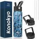 22oz Stainless Steel Bottles with 3 Lids Sport Insulated Water Bottle,Marble Ocean