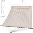 SUNCREAT Double Hammock for 2 Person, Extra Large Outdoor Portable Hammock with Hardwood Spreader Bar, Soft Pillow, 475 lbs Capacity, Beige