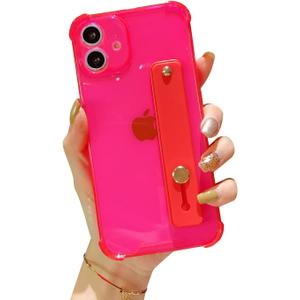 siduater Strap Holder Case for 5.4" iPhone 12 Mini with Wristband Kickstand, Clear Soft TPU Protective Shockproof Bumper Cover, Adjustable Hand Grip Loop for iPhone 12 Mini 5.4 Inch, Neon Hot Pink