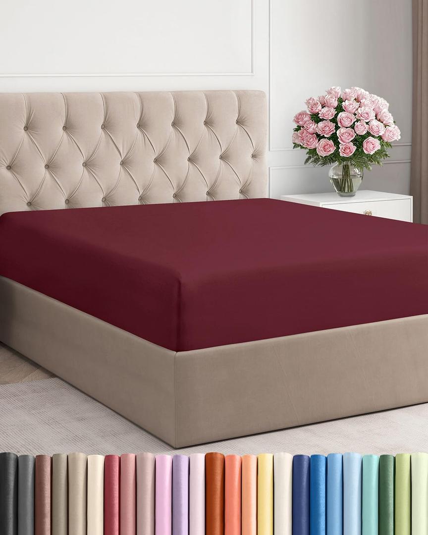 Full Fitted Bed Sheet - Bottom Single Fitted Sheet Only - Soft Hotel Luxury Bedding w/ 8-16 Inch Deep Pockets - Breathable, Cooling & Wrinkle Free - Easy-Care, Fade and Shrink Resistant 25 - Burgundy