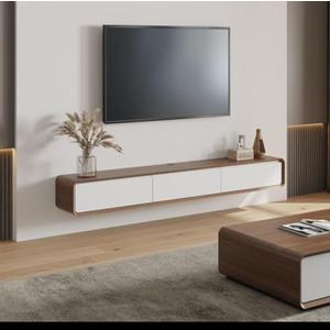 POVISON Fully Assembled Floating TV Stand with Flip-Down Cabinet Doors, 63" Walnut and White Floating Media Console, Solid Wood Floating Entertainment Center, Minimalist TV Stand