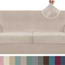 ZNSAYOTX Oversized Velvet 3 Piece Couch Cover with 2 Extra Large Seat Cushion Covers Stretch Sofa Cover for 2 Cushion Couch Thick Loveseat Sofa Slipcover for Living Room (Khaki), 72"-92"(2 Cushions)